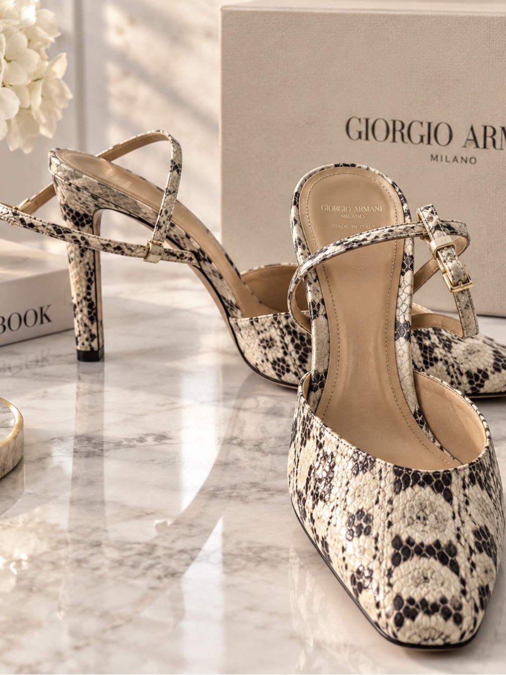 Giorgio Armani Cream and Black Snake-Print Ankle Strap Pumps